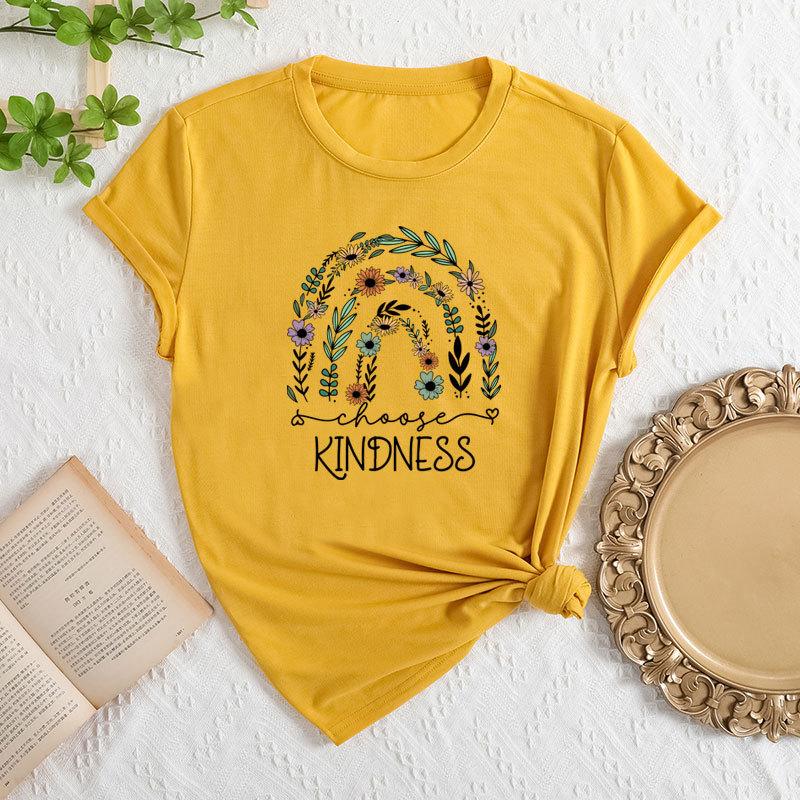 Летние женские футболки свободного покроя с цветочным принтом и круглым вырезом из чистого хлопка с короткими рукавами для женщин