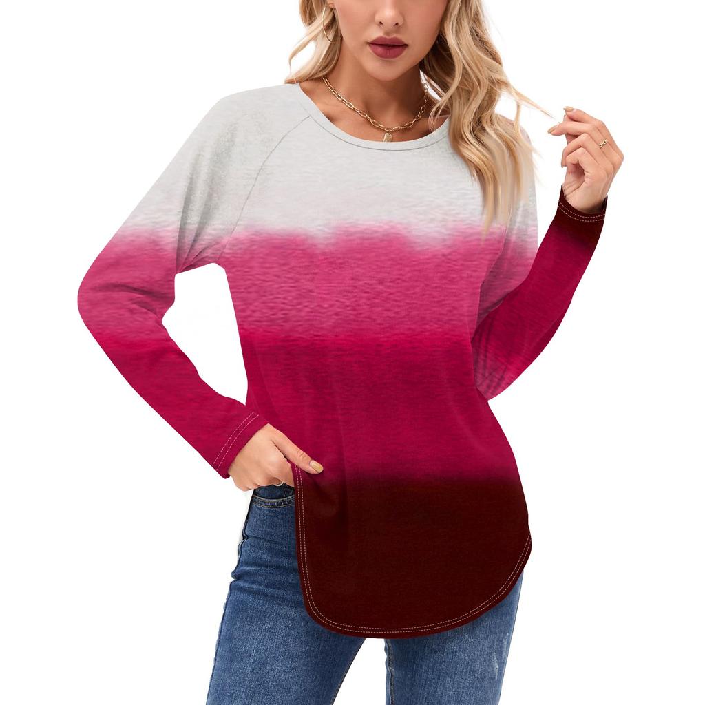 Женские рубашки с длинным рукавом, повседневные, модные, с градиентным принтом, туники, топы, с круглым вырезом, базовая свободная футболка