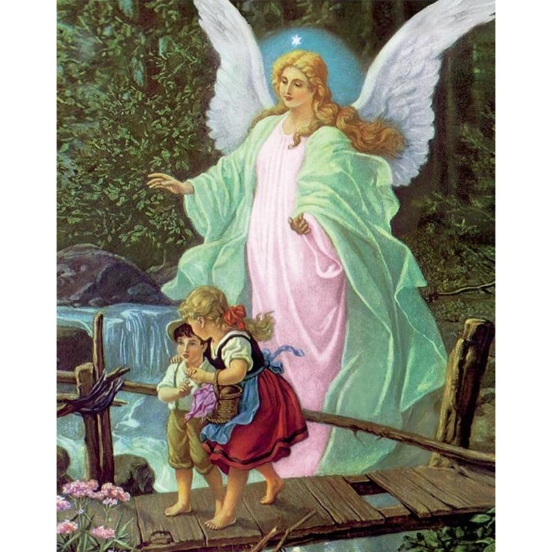 Vintage Guardian Angel Canvas Printmaking Gallery Decoration Angel Mom and Children Living Room Home Canvas Painting Wall Art