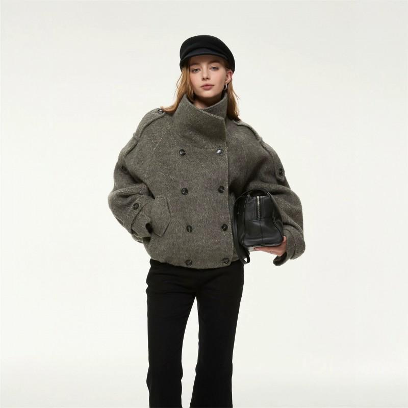 Womens Loose Fit Double-Breasted Wool Blend Coat Casual Stand Collar Outerwear Office Commute