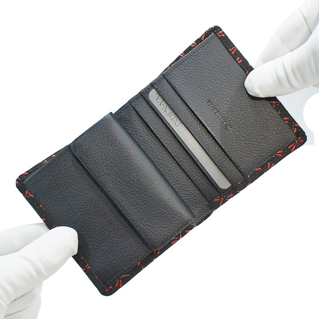 Inden Wallet Bifold Wallet Bill Z Thin Compact Deerskin Black x Red Lacquer Dragonfly Pattern [Indenya] 2013-21-008
