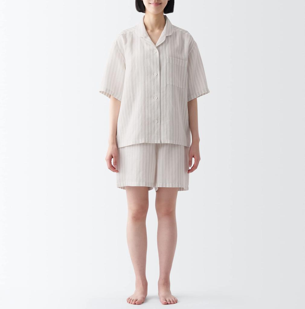 MUJI Naturally Derived Cool Touch Lyocell Hemp Пижама с короткими рукавами FDB06A3S Светло-серая полосатая XL Женская