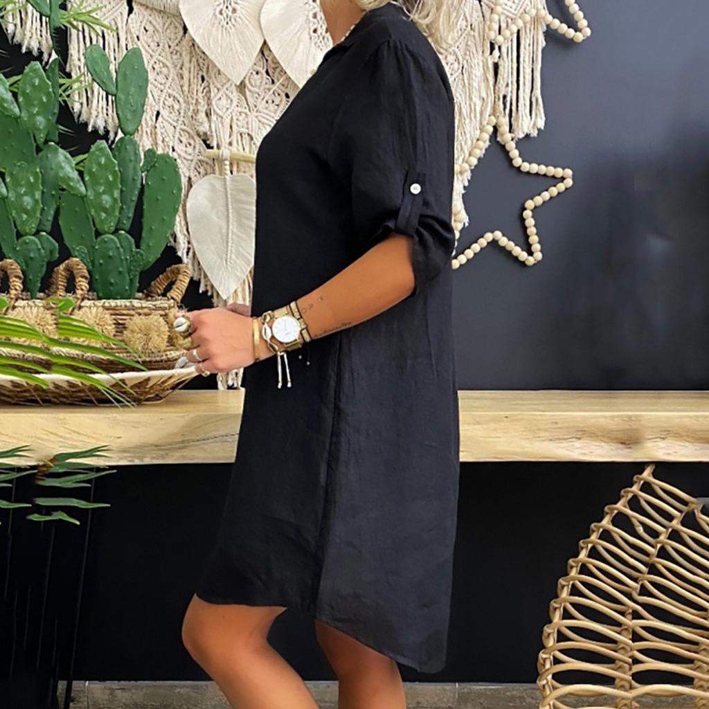 Women Fashion Plus Size Solid Cotton Linen Turn Down Collar Loose Shirt Dress