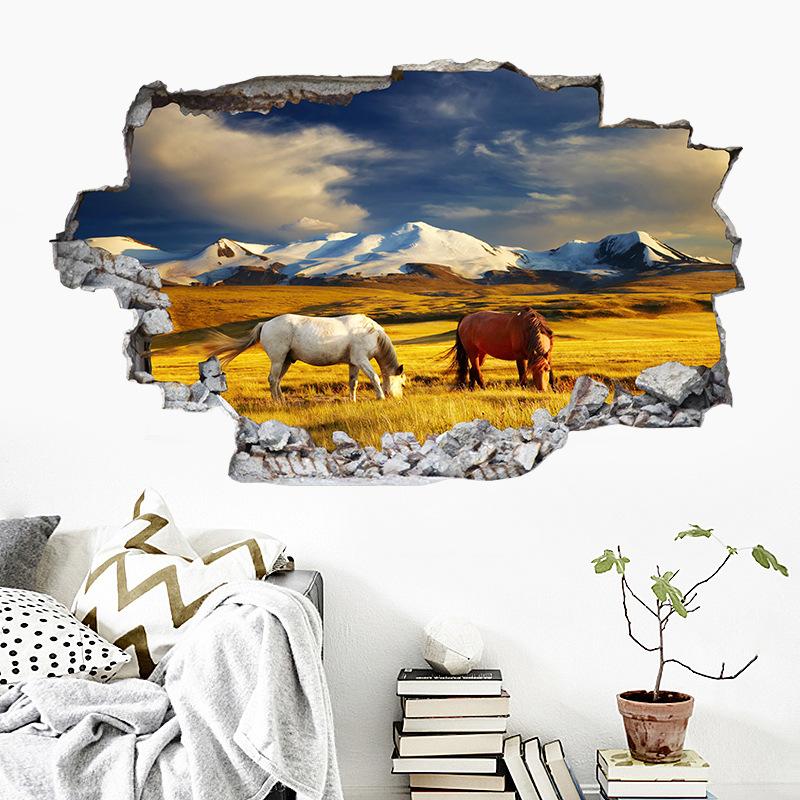 Плакат с животным Искусство дыры в сломанной стене Бегущая прекрасная лошадь Виниловые наклейки-муралы Для гостиной