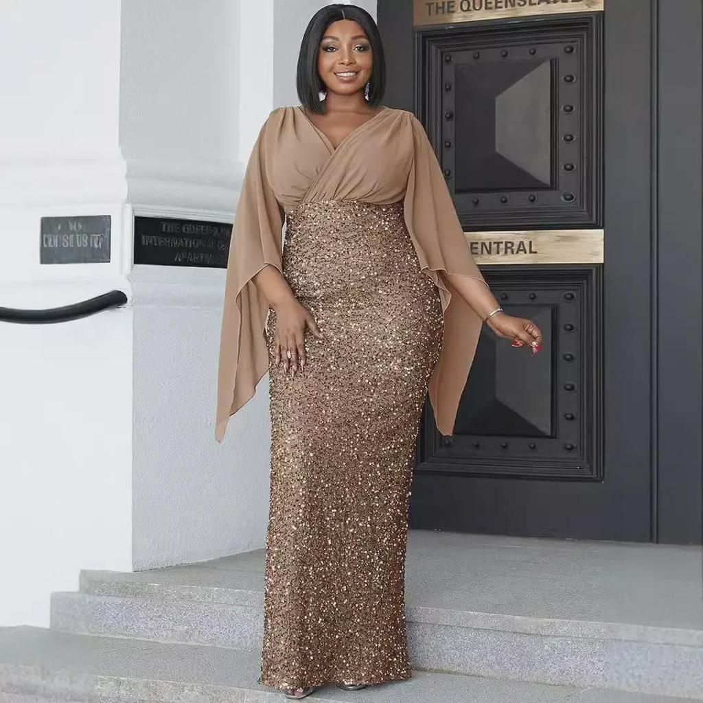 «2025 Элегантное вечернее платье из шифона с V-образным вырезом и пайетками»