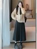 Women's High-Waist Gray Wool A-Line Skirt - Autumn/Winter Pleated, Elegant Slim-Fit.