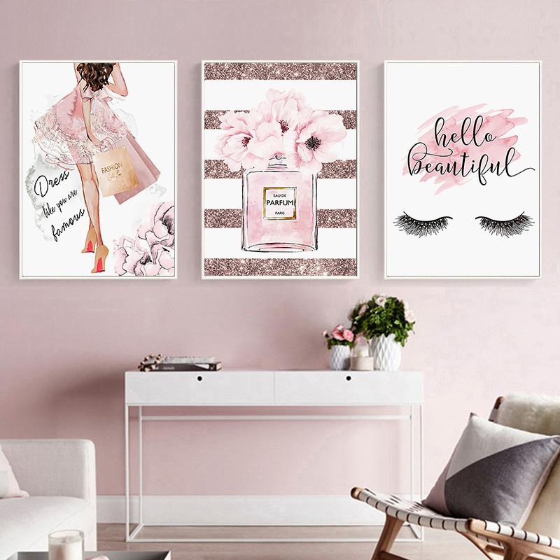 Fashion Woman Poster Pink Flowers Perfume Canvas Painting Wall Art Eyelash Makeup Print Picture Modern Girl Room Home Decoration