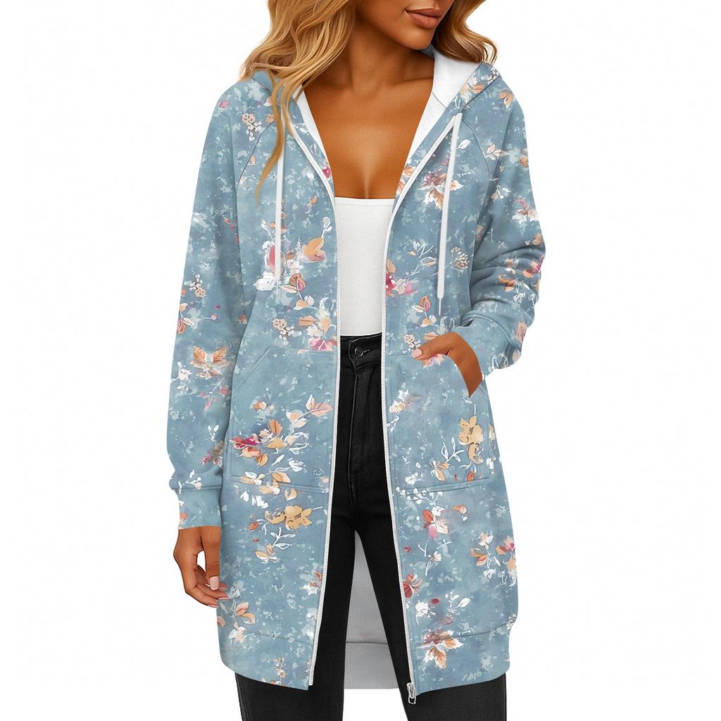 Women's Fashionable Printed Long Sleeved Drawstring Hooded Zipper Pocket Long Casual Sweatshirt Jacket