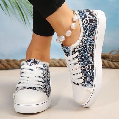 2024 Большие Кроссовки Леопардовый Принтованный Деним Холщовые Туфли Для Женщин Модные Плоские Спортивные Туфли Женские Вулканизированные Туфли