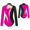 Womens Color Block Leotard Sparkling Rhinestone Sheer Mesh Long Sleeve Bodysuit for Gymnastics Acrobatics Dance