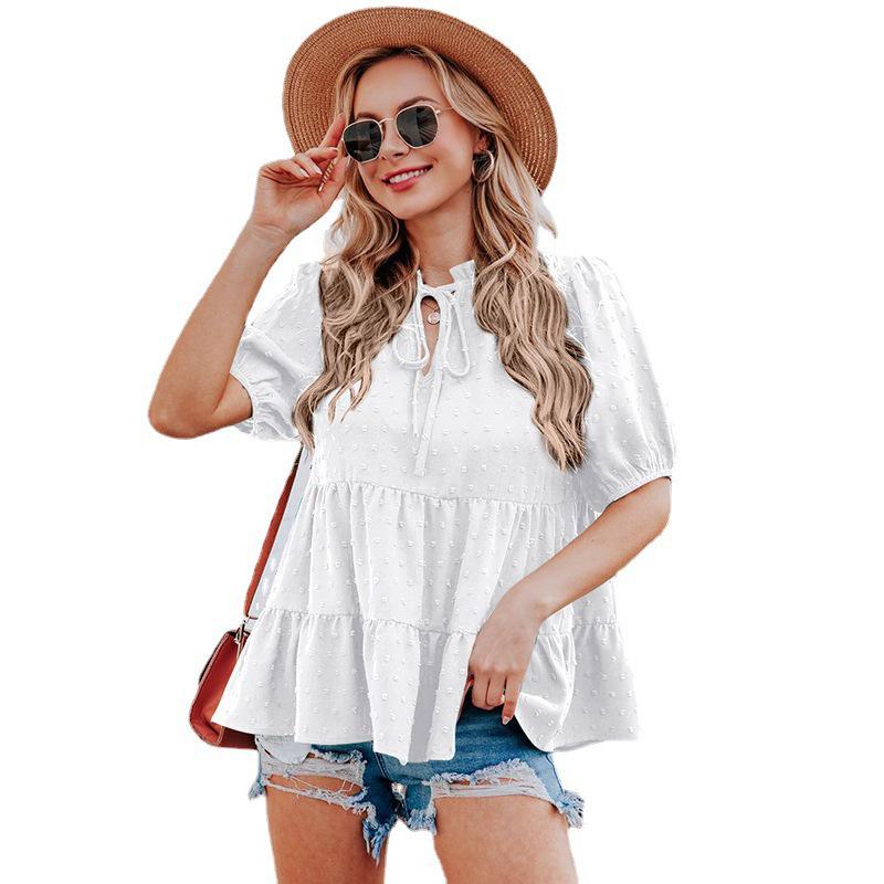 DX~~Женский новый летний свободный топ с v-образным вырезом и пышными рукавами