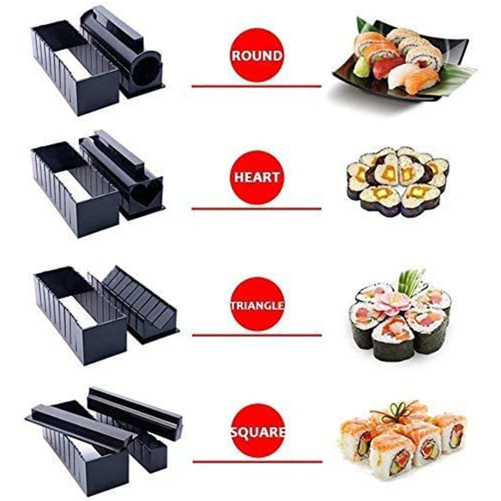 10pcs/set Sushi Making Kit Plastic Japanese Cuisine Maker Tool with Rice Roll Mold Fork Spatula Tools Black for Cooking Picnics