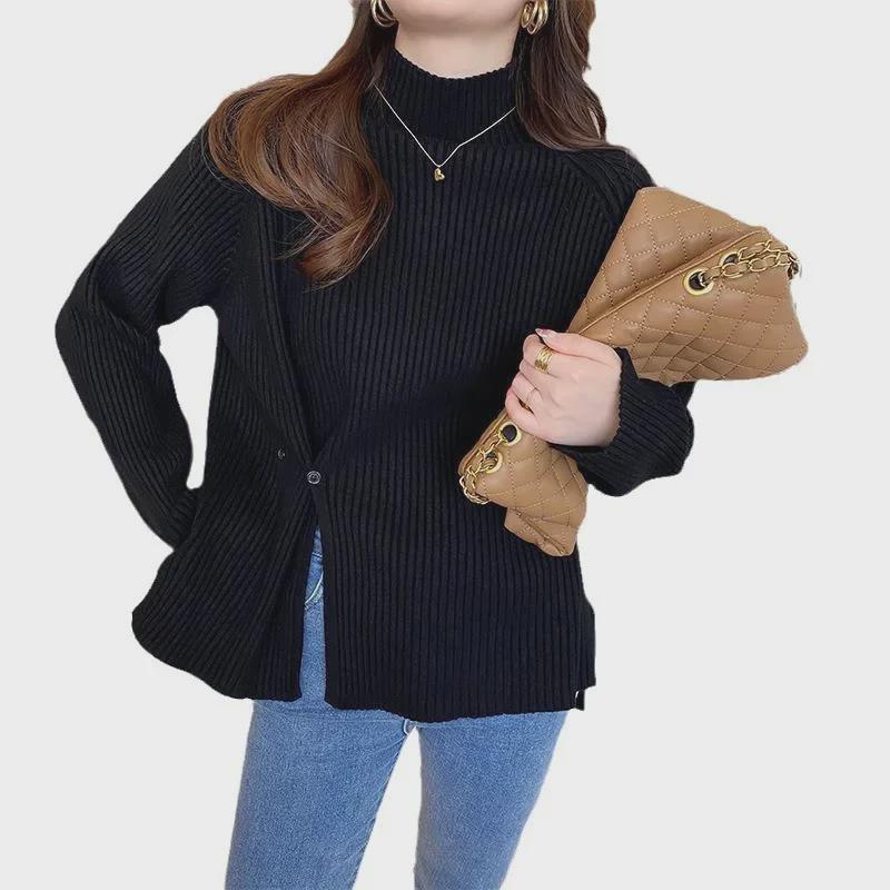 Women's Half Turtleneck Sweater - 2025 Autumn/Winter Fashion, Loose Fit, Versatile, Slimming, Split-Knit Design