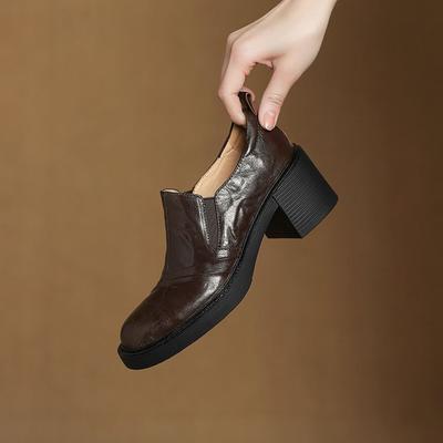 Мода НОВЫЕ Осенне/Весенние Женские Туфли-Лодочки с Круглым Носком на Массивном Каблуке, Обувь из Натуральной Кожи для Женщин, Женские Лоферы Слипоны, Туфли на Высоком Каблуке