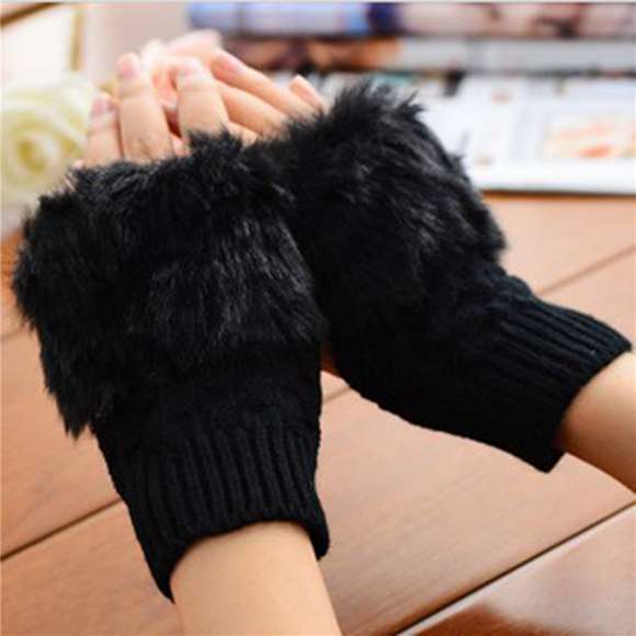 Fashion Clothes Ladies Winter Fur Woolen Knitted Warmer Fingerless Gloves Warmer Rabbit Fur Gloves Plush Half Finger Gloves Knitted Winter Warm Gloves