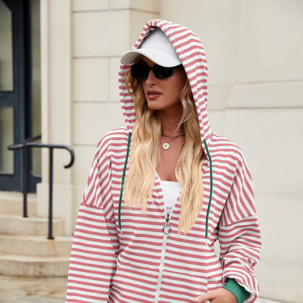 HNXC Women's Fashion Casual Stripe Print Long Sleeve Hooded Hoodies & Sweatshirts