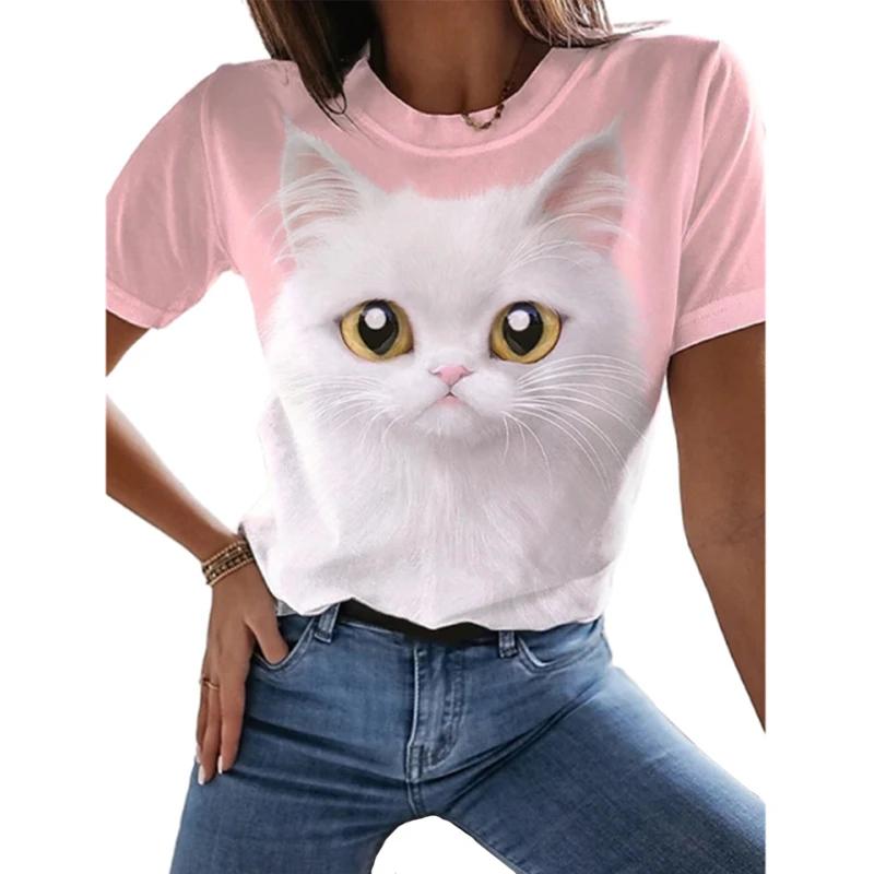 2024 Летние женские футболки с принтом 3D Cat, черные модные женские футболки с короткими рукавами Kawaii, женские летние топы оверсайз