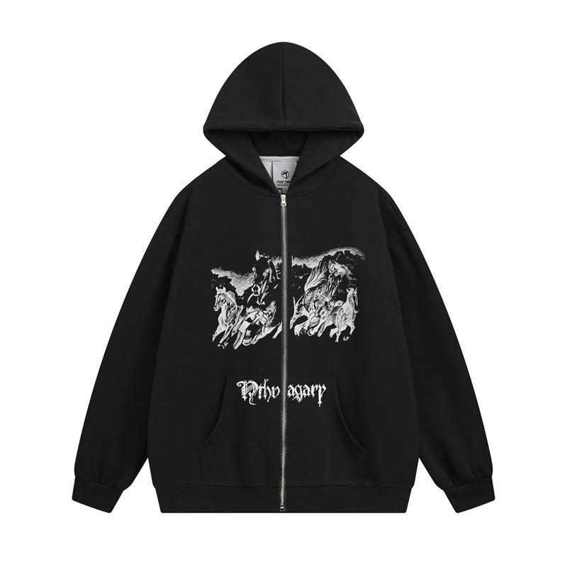Unisex Oversized Hooded Sweatshirt With Horse Riding Print Winter Warm Cotton Blend Long Sleeve Streetwear