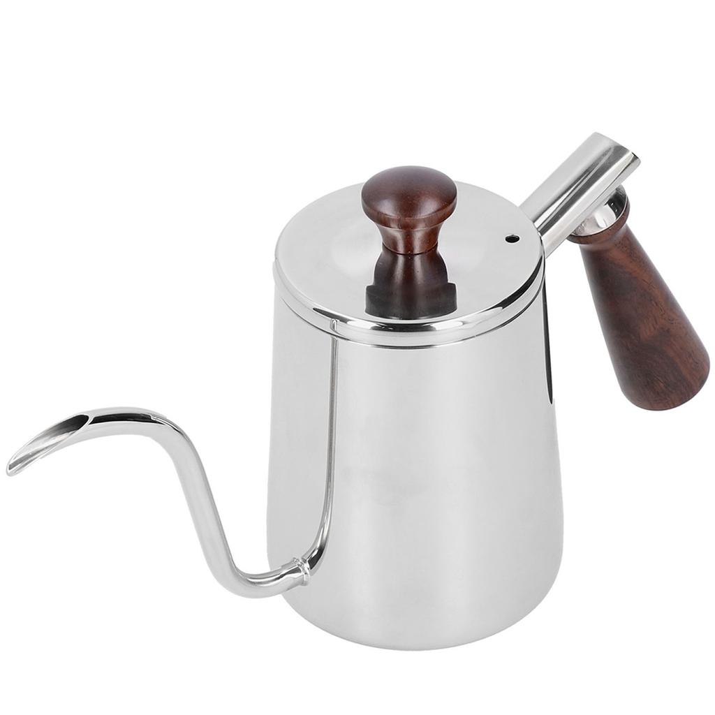 Portable Stainless Steel Coffee Pot with Wooden Handle Long Gooseneck Spout Cafe KettleSilver 700ml