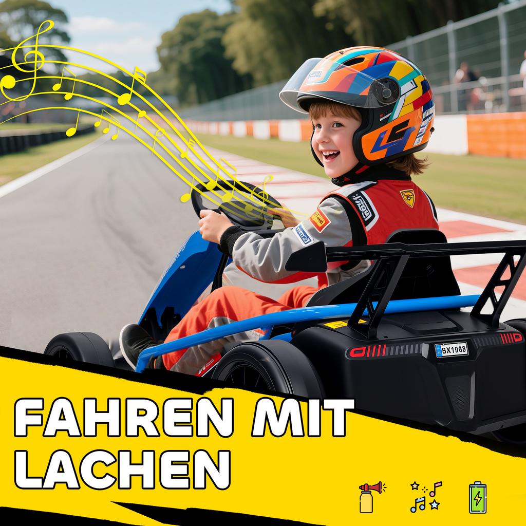24V Electric Go Kart For Driving And Drifting Nylon Tires Safety Belt Horn Music For 8 12 Years Blue