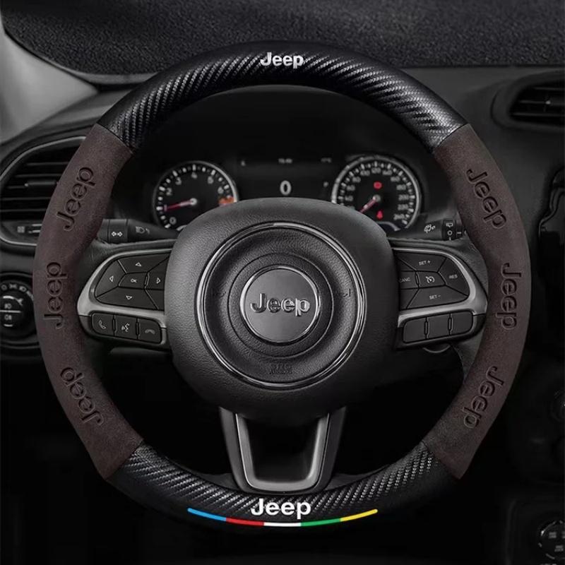 AQI1 Carbon Fiber Suede Car Steering Wheel Cover Anti Slip Car Interior Accessories For Jeep Wrangler Grand Cherokee Compass Renegade