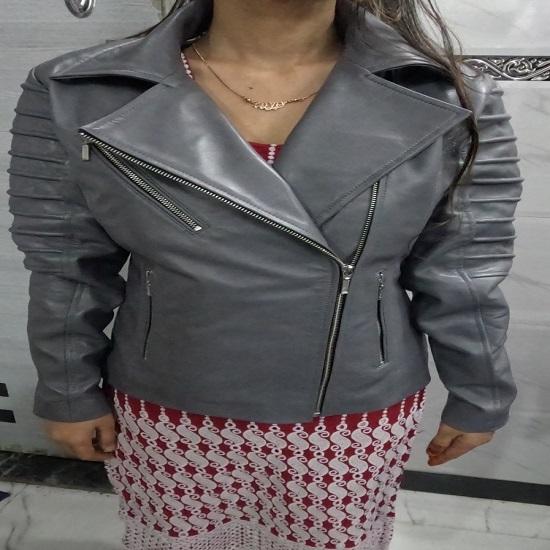 Noora Women's GREY Байкерская куртка из натуральной овечьей кожи, стильная мотоциклетная облегающая кожаная куртка, клубная куртка для свидания в кино, подарок на зиму