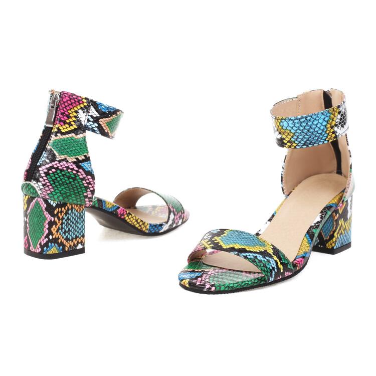 Big Plus Size 48 Women Snake Printing Sandals Zipper Block High Heels Ladies Summer Sandals