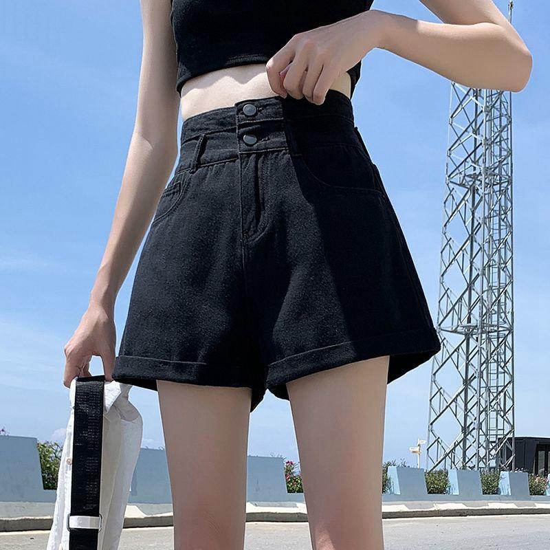 Pants Classic and Minimalist Fashion Versatile Thin Female High-waisted Double-breasted Thin Loose Wide-legged Pants Rolled Son Summer Denim Shorts