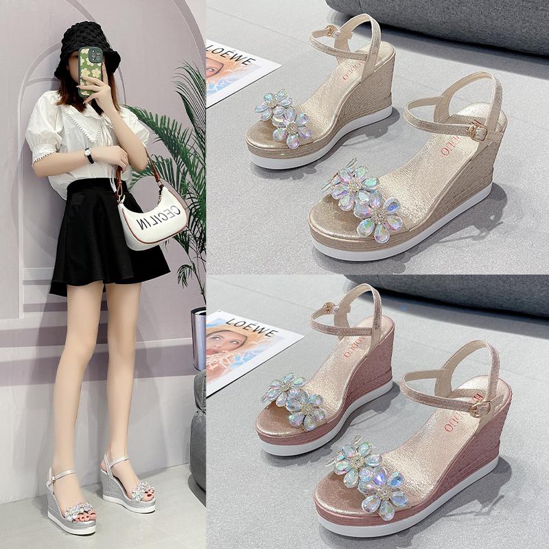 Модные женские летние босоножки на платформе босоножки с открытым носком на танкетке 2024 модная обувь босоножки со стразами