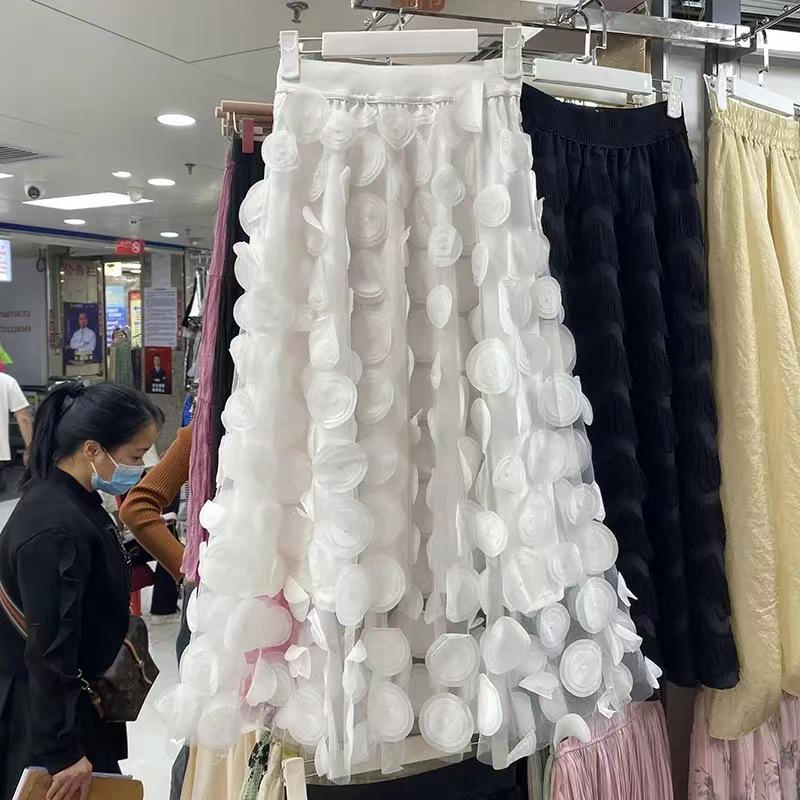 Women's European-Style Black Midi Skirt - 2025 High-End Mesh A-Line Umbrella Design