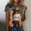 Western Cowgirl Print Vintage Women's T-shirts Casual Short Sleeves Tees Tops Summer Loose Handsome Women Clothing Pullover