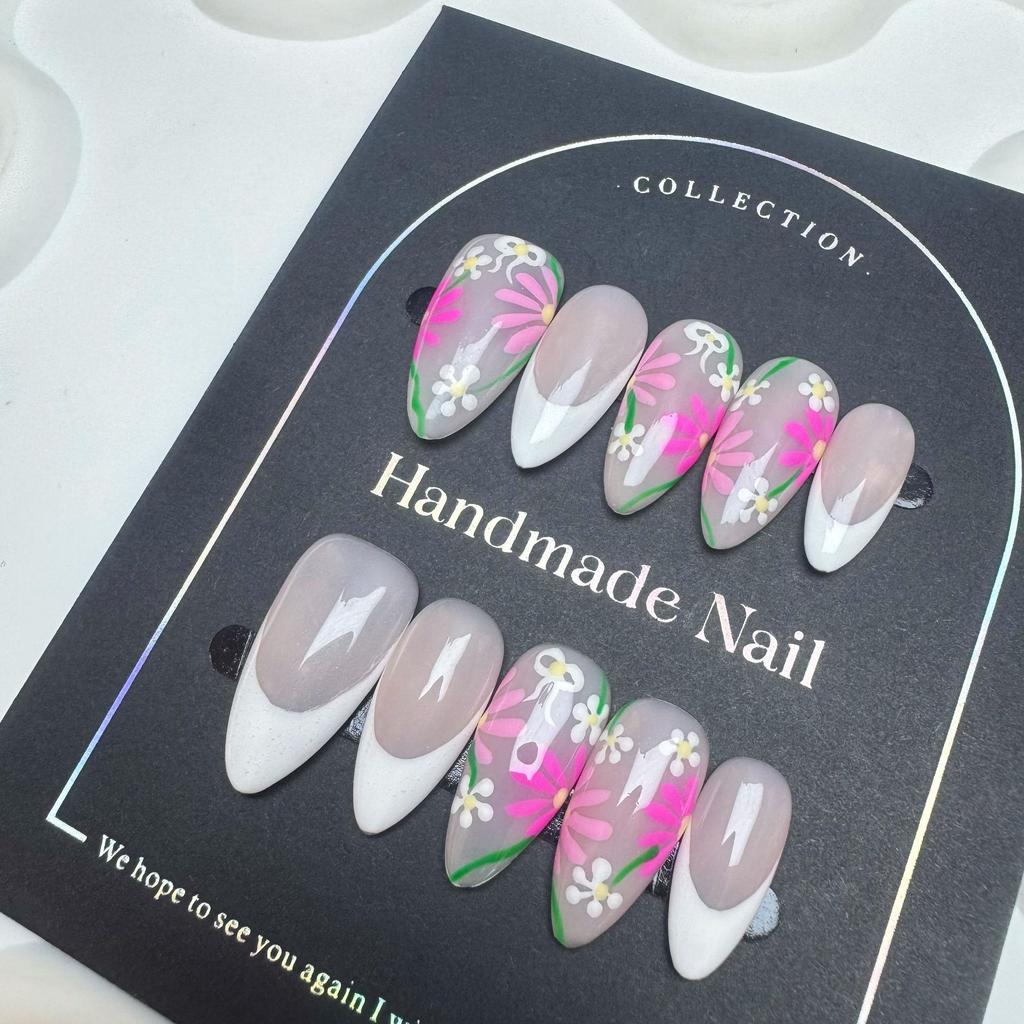Индивидуальные накладные ногти, расписанные вручную весенними цветами, эксклюзивно уникальные миндалевидные накладные ногти ручной работы, дизайн в западном стиле с осветляющим эффектом