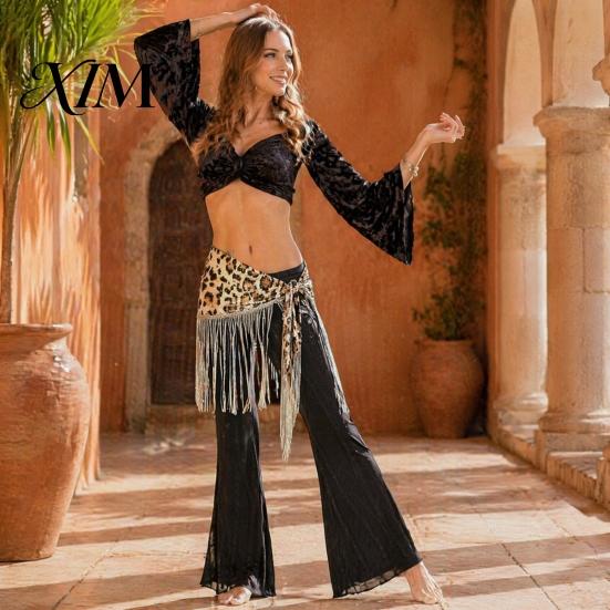 Stage Dance Accessory Women Leopard Fringe Hip Scarf, Belly Sequins Wrap Skirt, Waist with Tassels, Performance Clothing Accessories Tassel Belt