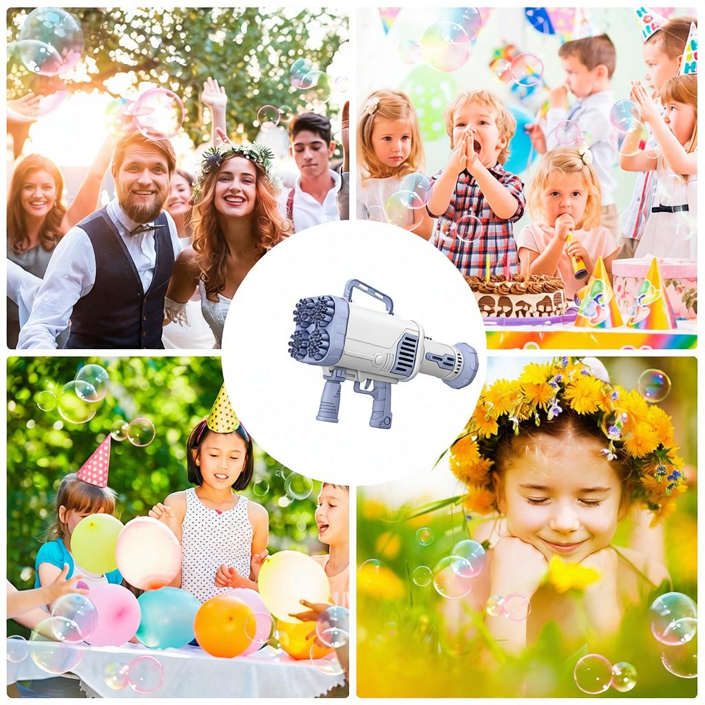 Gatling Bubble Machine 2 in 1 Bubble& Handheld Fan 64 Holes Automatic Bubble Machine Bubble Blower for Kids Toddlers Parties Weddings