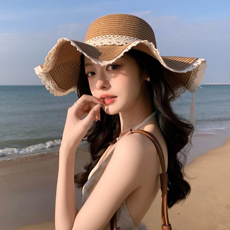 Французская летняя шляпа, женская, с большим краем, солнцезащитная шляпа, соломенная шляпа для пляжа, кружевная шляпа с бантом