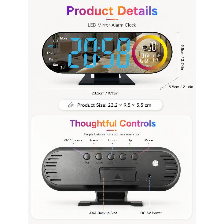 RGB Color Digital Alarm Clock Large LED Mirror Display Temperature Humidity Week Date Dimmable Brightness Bedroom Desk Clock2
