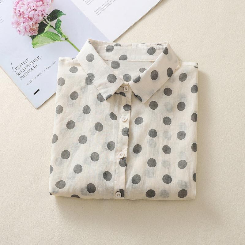 Летняя рубашка в горошек из хлопка и льна с принтом, кардиган с короткими рукавами и лацканами, рубашка, топ для женщин, блузки и рубашки