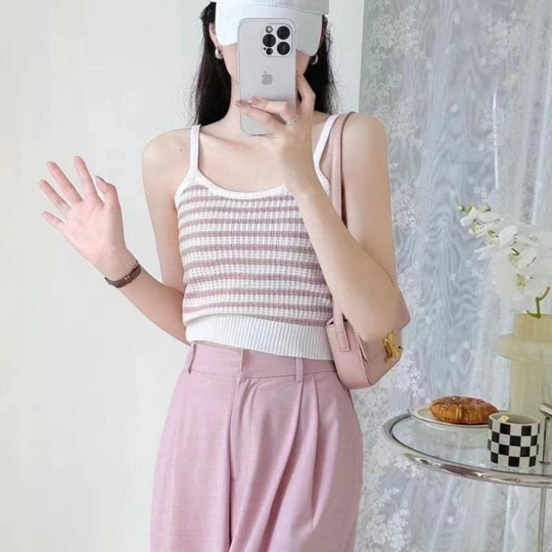 Летняя новинка корейская Первая любовь сладкий ветер цвет контрастные полосы тонкий трикотажный жилет халтер женская блузка