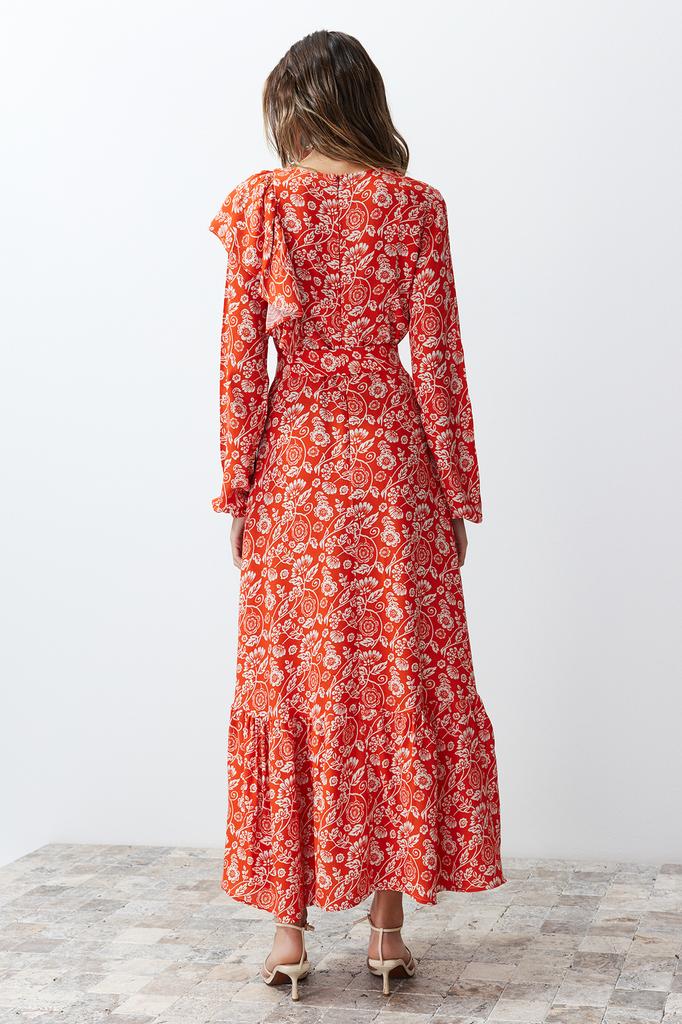 Women's Hijab Dress New Season Fashion Stone Floral Lined Ruffle Detailed Belted Woven Dress