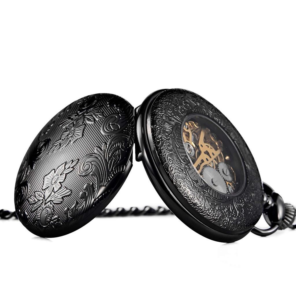 TREEWETO Mechanical Manual Winding Pocket Watch Roman Numerals Skeleton Black with Chain