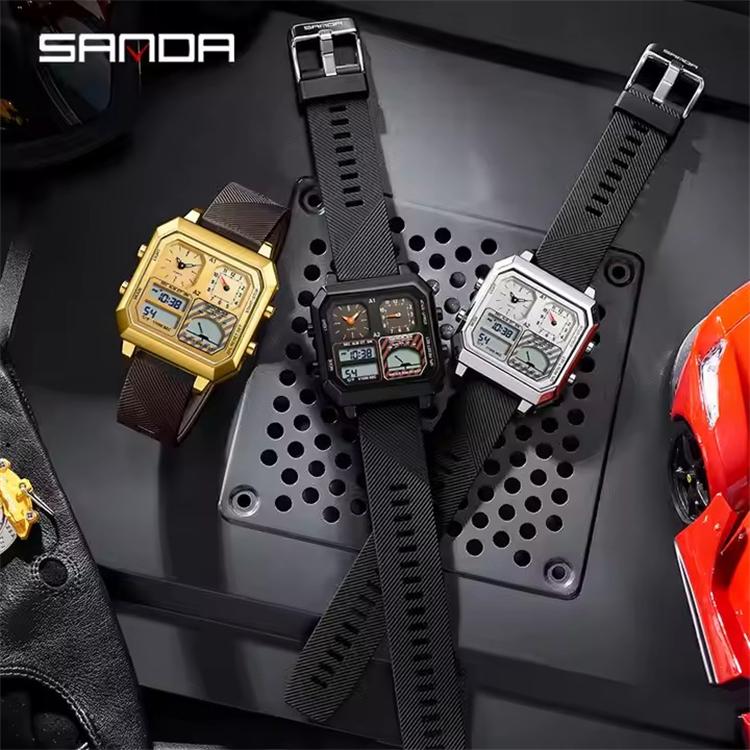 SANDA 6210 Мужские электронные цифровые часы Квадратные Многофункциональные Температура Дата Ремешок из ТПУ Дисплей Наручные часы