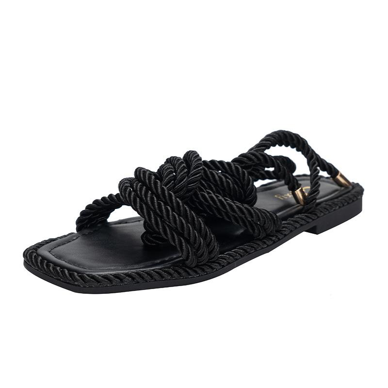 Модные женские сандалии Two Wear, плоские тапочки из пеньковой веревки, повседневные женские туфли большого размера 42 с квадратным носком и плоским каблуком