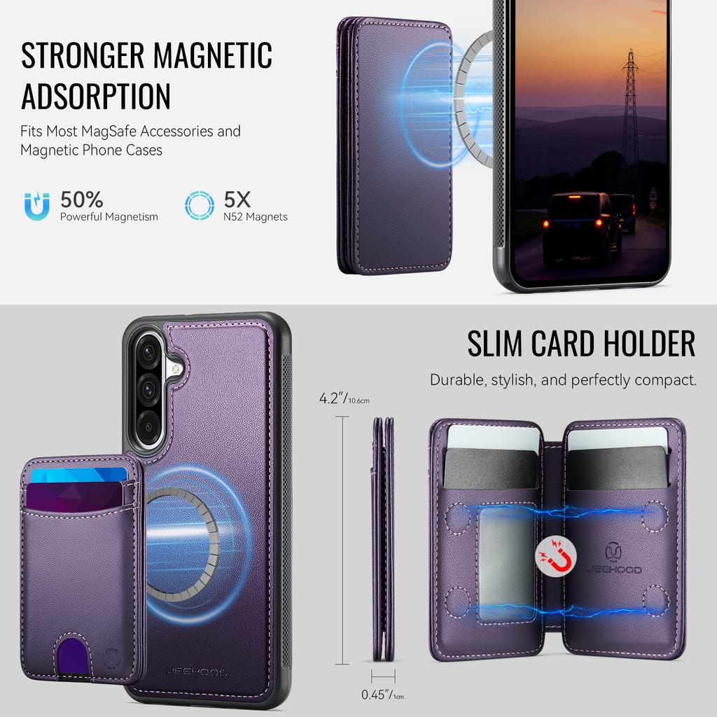For Samsung Galaxy A56 5G Magnetic Case JEEHOOD J10 Leather Back Phone Cover with Detachable Card Holder Kickstand