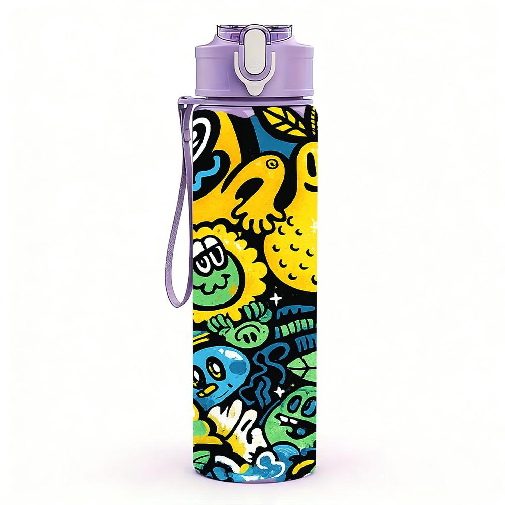 1PC Vivid Color Cartoon Graffiti Print 750ml Color Plastic Sports Water Bottle Leakproof Flip Straw Lid Suitable for Sports Office Home Use