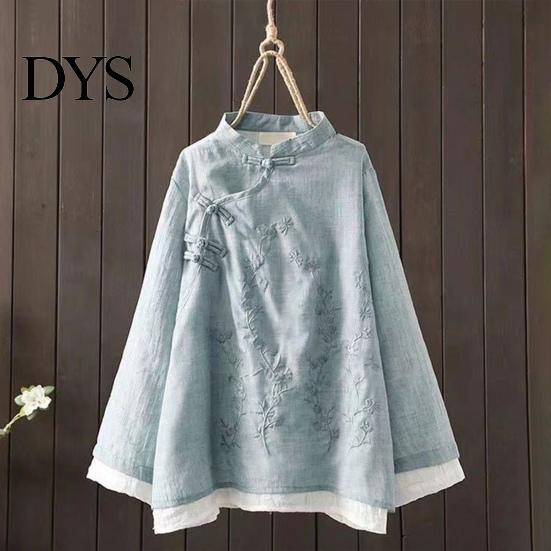 Lady Fall Spring Top Women Retro Chinese Style Embroidered Flower Pattern Knot Button Solid Color Keep Warm Loose Stand Collar Plus Size Vintage