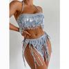 Summer Tassel Sequin Strapless Swimsuit Women Bikini Solid Halter Lace-up Sexy Bikini Set Women Fashion Casual Beach Underwear Swimsuit Suit 24327