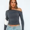 Women's Slanted Shoulder Asymmetrical Solid Color Crop Top Long Sleeved Sexy Slim Fit Elegant T-shirt