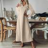 Женская мода V-образный вырез длинный рукав карман однотонный молния повседневный отпуск длинные хлопково-льняные платья