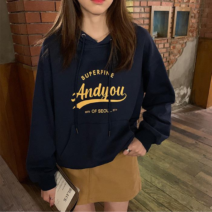 Утепленный Даже Кепка Свитер Толстовка с капюшоном Женская Осень и Зима Свободная с принтом букв Студенческая куртка Топ с длинным рукавом Ретро Универсальная толстовка