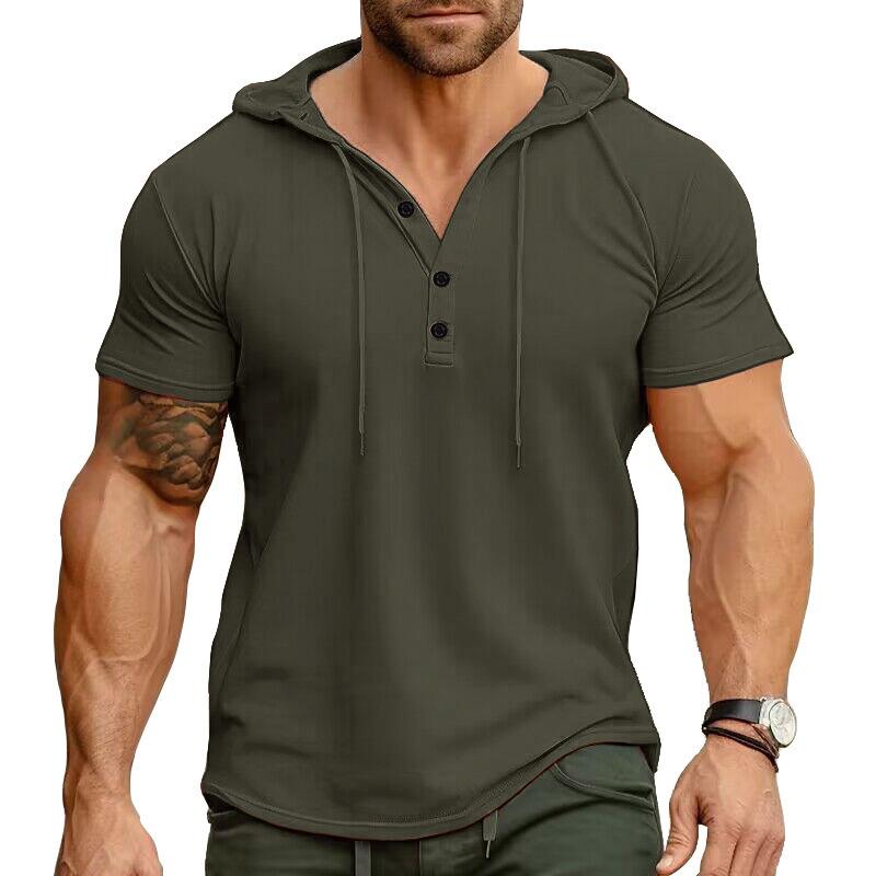 Men Green Short Sleeve Hooded Henley Neck Drawstring Casual Summer T Shirt